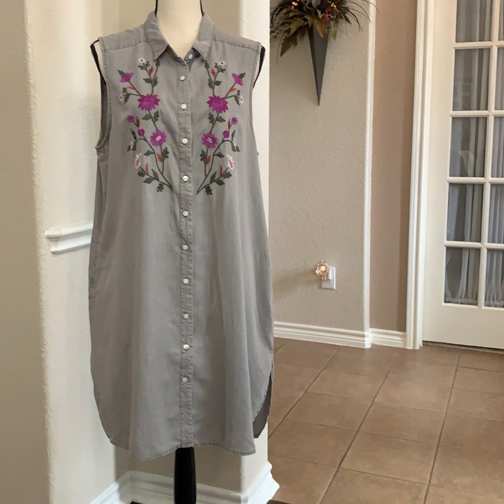 Terre Bleue gray purple embroidered floral print shirt denim dress Size XL
